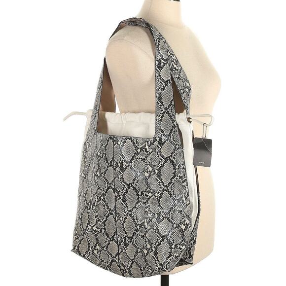 NWT MNG Mango Limited Edition Large Snake Print Tote Shoulder Bag Beige Gray NEW - Picture 2 of 7